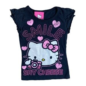 3/$15 Hello Kitty Girls Pink and Black Smile Say Cheese Shirt Size 4